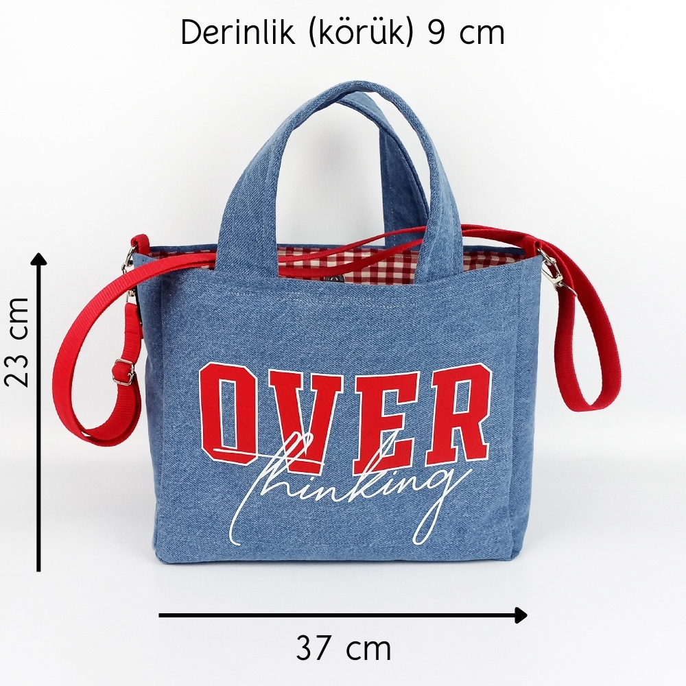 Kırmızı%20Beyaz%20’’Over%20Thinking’’%20Baskılı%20Woodycord%20Kot%20Tote%20Çanta