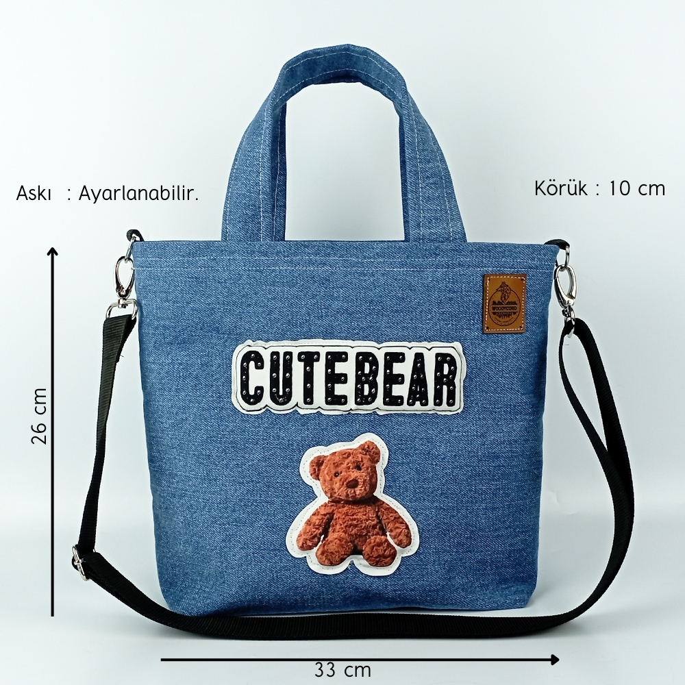 Woodycord%20Tasarım%20%20Cute%20Bear%20Denim%20Tote%20Çanta