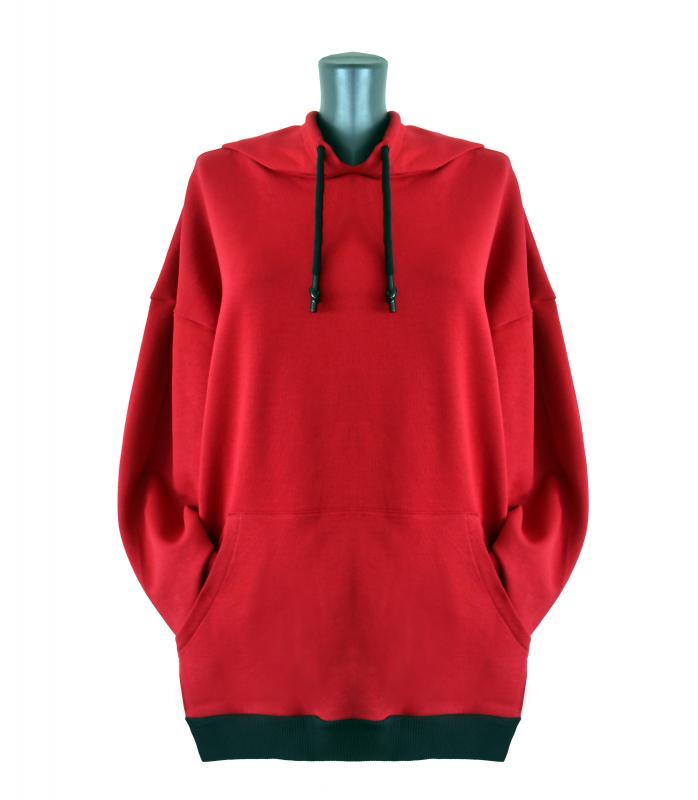 Kapüşonlu%20Kadın%20Sweatshirt%20-%20Kırmızı%20Siyah%20-%20Düz%20-%20Siyah%20İp