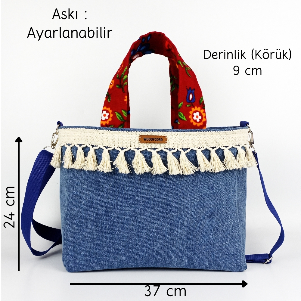 Woodycord%20El%20Yapımı%20Kot%20Pazen%20Kumaş%20Tasarımlı%20Püsküllü%20Tote%20Bag