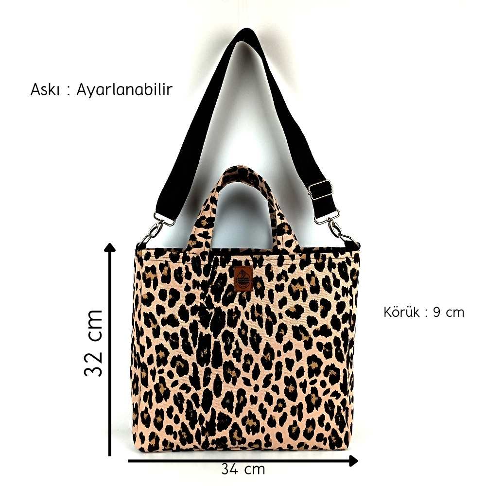 Woodycord%20Leopar%20Desenli%20%20Büyük%20Boy%20Gabardin%20Tote%20Çanta