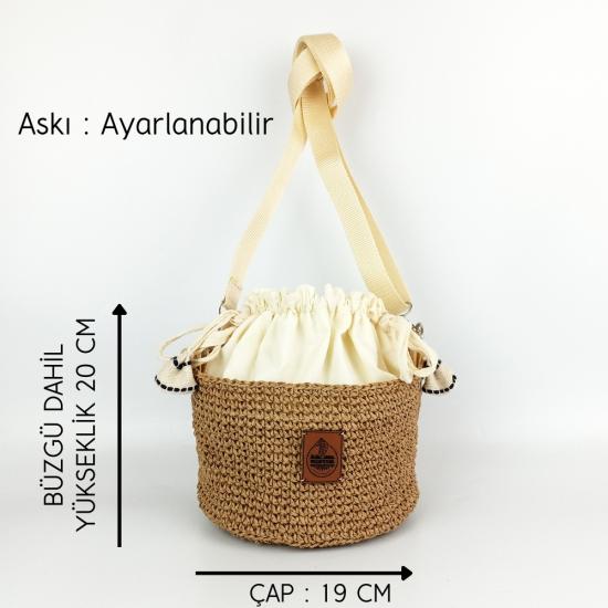 Woodycord El Örgüsü Hasır Kağıt İp Camel Bucket Çanta