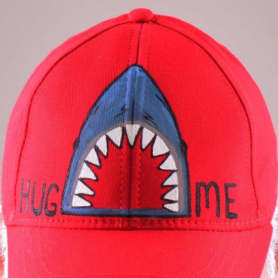 Erkek Kep Şapka / El Boyaması / Kırmızı / Hug Me Shark Desenli