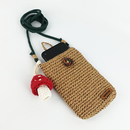 Woodycord El Örgüsü Kağıt İp Mantar Figürlü Telefon Çantası